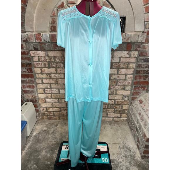 Vanity Fair satin pajama set top pants aqua pink lace floral - Picture 1 of 13